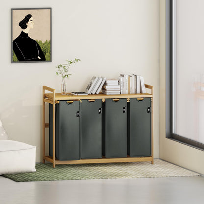 AdelDream Wäschekorb 200L mit 4 Fächern, Bambusrahmen, Grau