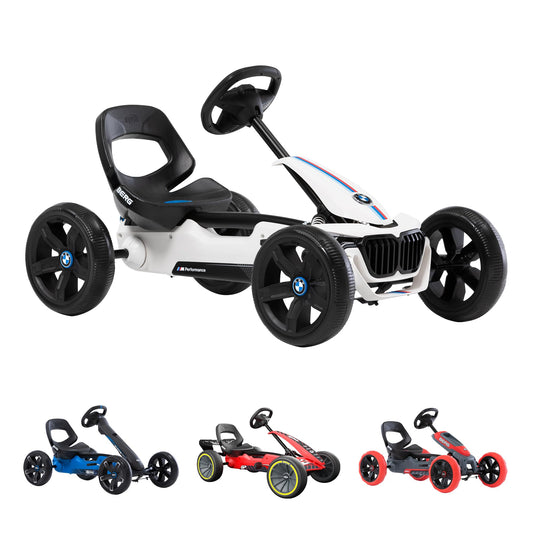 BERG Reppy Kinder Pedal-Go-Kart Tretfahrzeug - BMW Edition, weißes Go-Kart mit blauen und roten Akzenten. Kinder fahren es mit Pedalen.