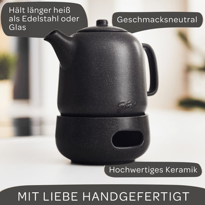 STEINZEIT Design Teekanne mit Stövchen 1.3L – Keramik Schwarz