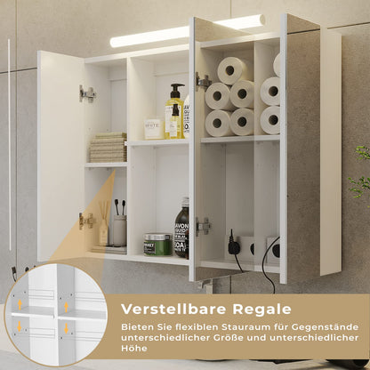 DICTAC Spiegelschrank Bad – 80x60cm Beleuchtung, Steckdose, 3 Türen