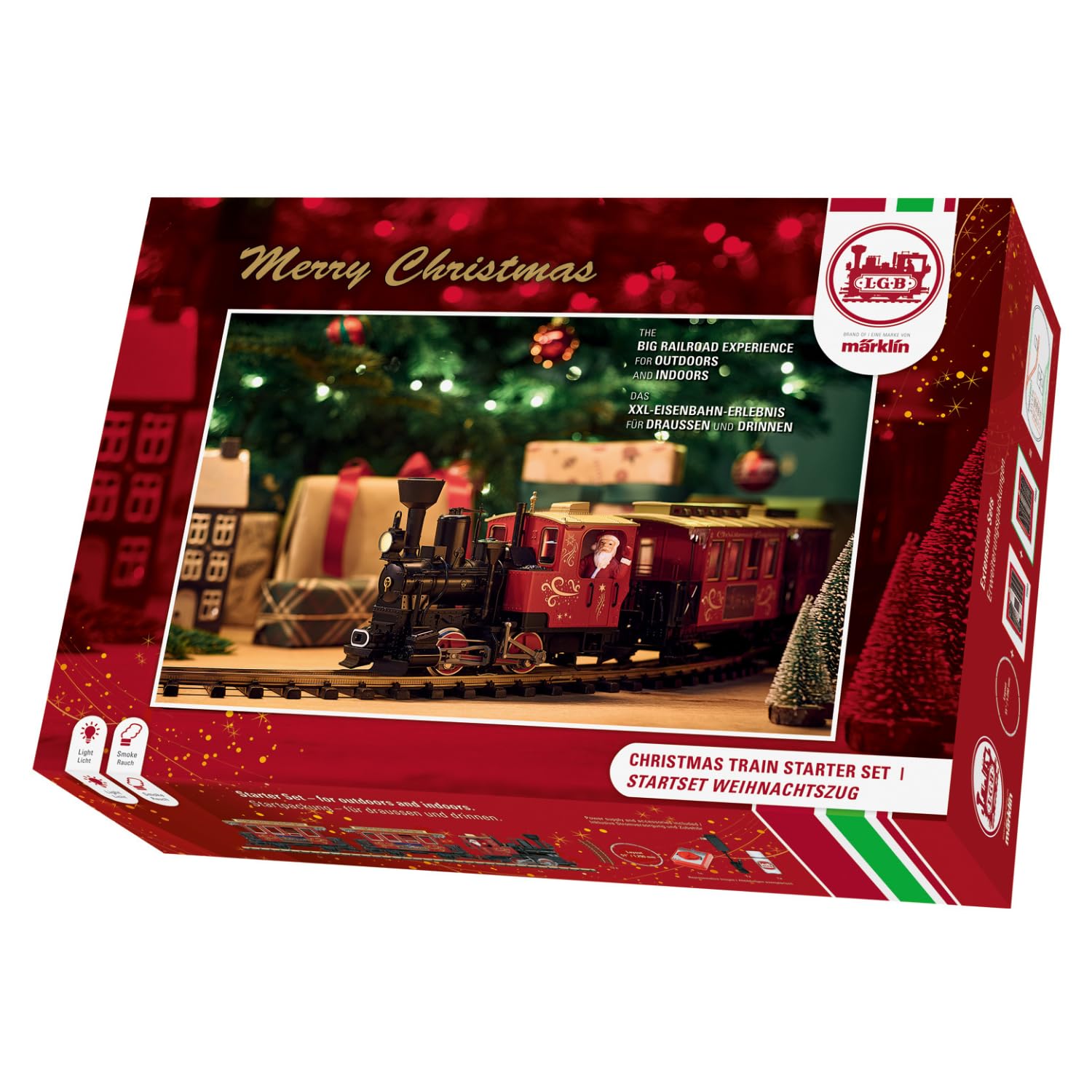 LGB 70308 Gartenbahn Starterset - Weihnachtszug Spur G. Roter Zug mit Lok und Waggons auf ovalem Gleis. Komplettset für G-Spur Gartenbahn.