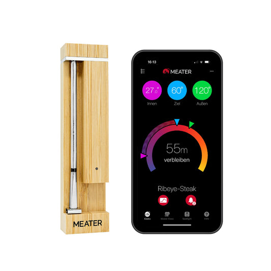MEATER 2 Plus: Profi Smartes Fleischthermometer – kabellos. Schlanke schwarze Sonde misst kabellos die Kerntemperatur von Fleisch zur Garkontrolle.