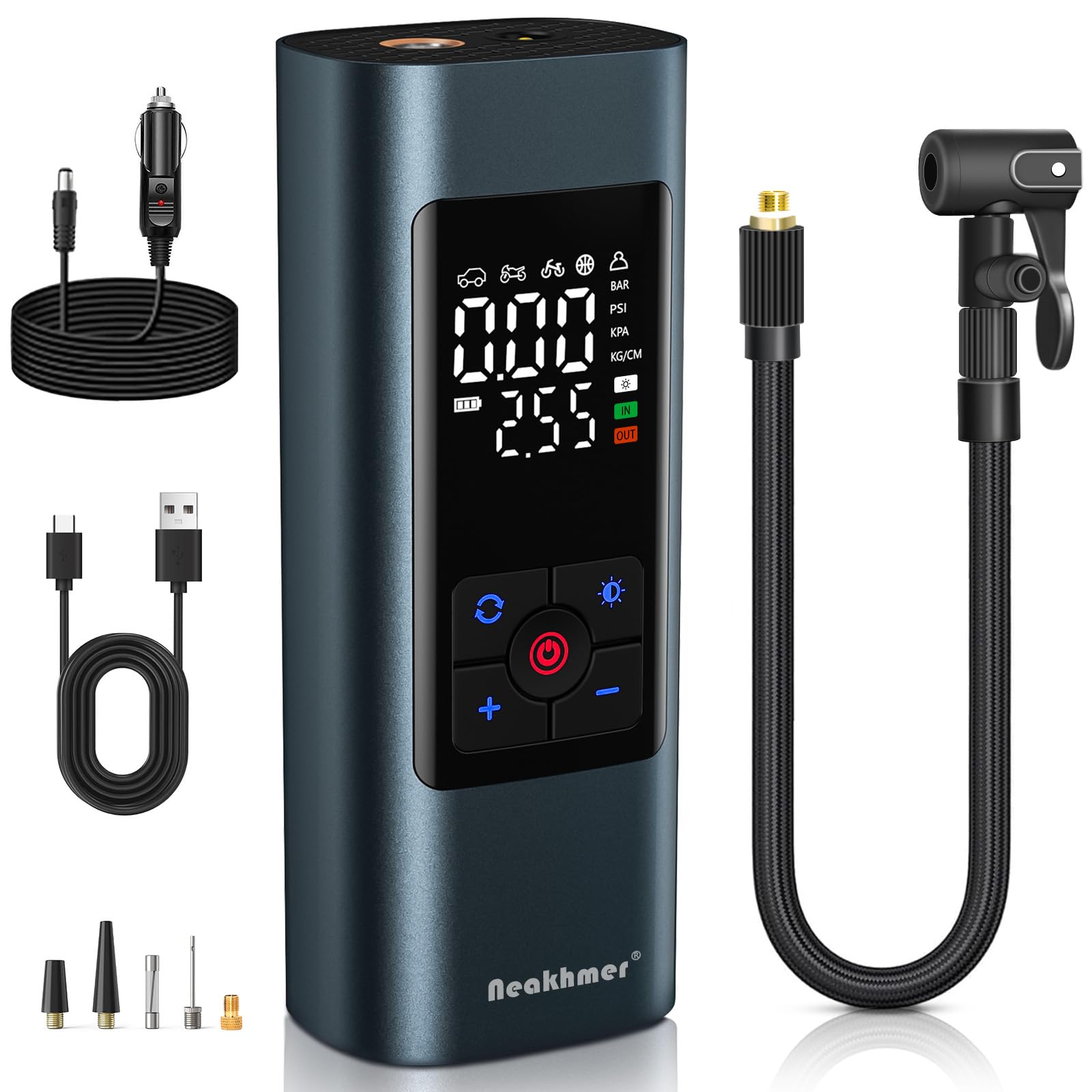 Neakhmer Mini Kompressor Akku Luftpumpe N21 150 PSI für Auto und Velo mit 40 cm Schlauch und Taschenlampe