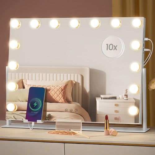 SONGMICS Schminkspiegel mit Beleuchtung, 15 LED, dimmbar, mattweiss, Stahlsockel