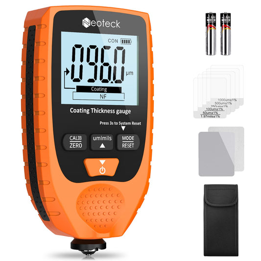 Neoteck Lackdickenmessgerät Auto – Stahl Alu 0-1500μm. Schwarz, rechteckig, mit Display. Misst Lackdicken an Fahrzeugen.