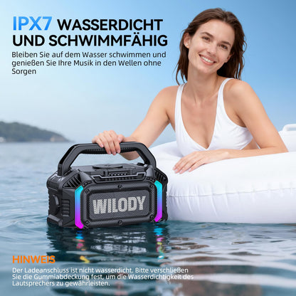 Wilody 100W Bluetooth Lautsprecher tragbar, IPX7 wasserdicht, Schwarz