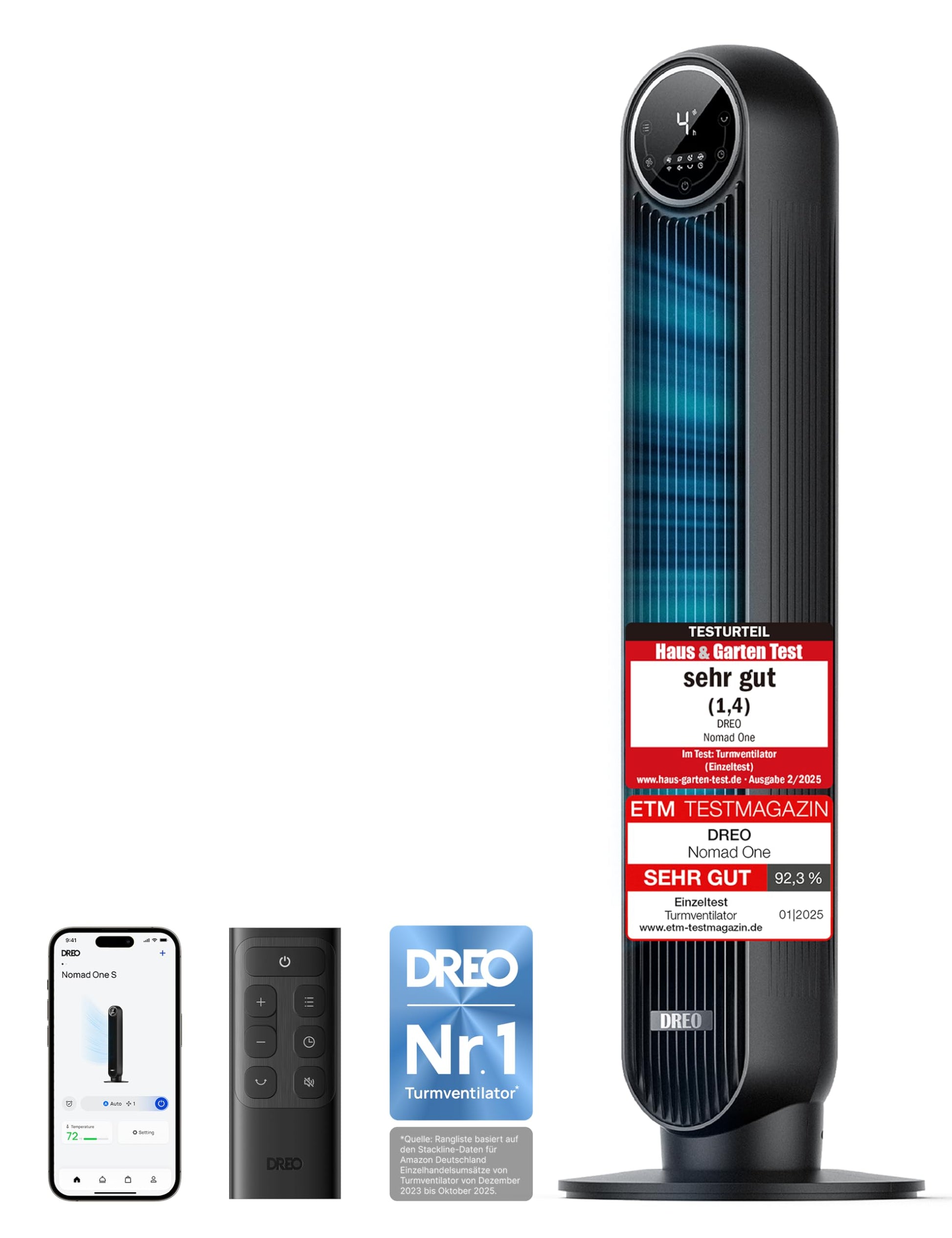 Dreo Nomad One S Turmventilator, App, 90° Oszillation, schwarz