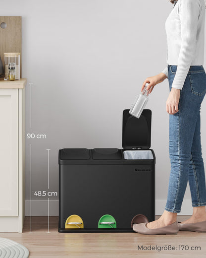 SONGMICS Treteimer LTB45B, Mülltrennsystem 3 Fächer, 45 Liter, schwarz