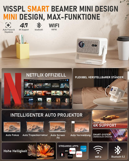 VISSPL Smart Mini Beamer – Netflix, Autofokus, 6D, 1080P/4K