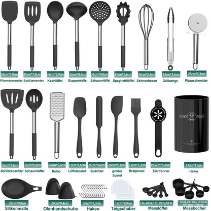 Terlulu Silikon-Kochbesteck-Set, 34-teilig mit Edelstahlgriff