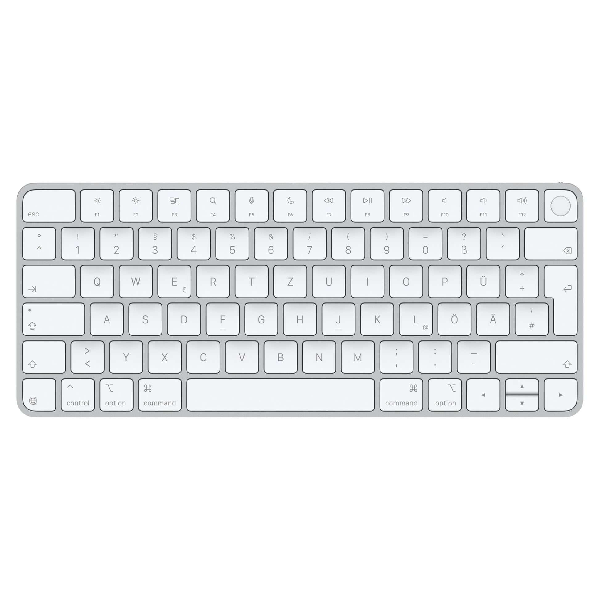 Apple Magic Keyboard mit Touch ID für Mac (Apple Chip) – Deutsch. Flaches, silbernes Tastatur mit Touch ID für Mac-Eingabe.