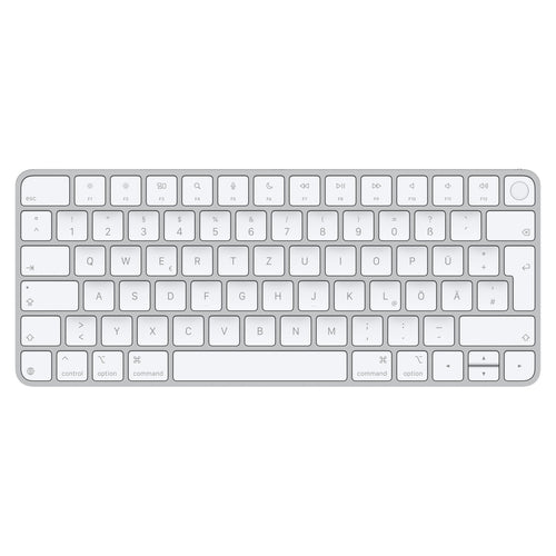 Apple Magic Keyboard mit Touch ID für Mac (Apple Chip) – Deutsch. Flaches, silbernes Tastatur mit Touch ID für Mac-Eingabe.
