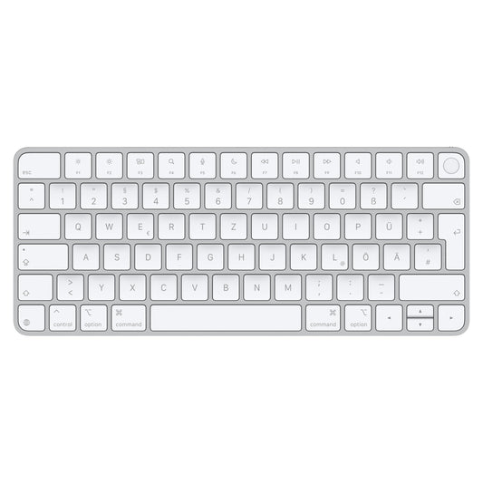 Apple Magic Keyboard mit Touch ID für Mac (Apple Chip) – Deutsch. Flaches, silbernes Tastatur mit Touch ID für Mac-Eingabe.
