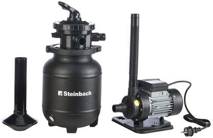Steinbach Filteranlage Active Balls+ Poolfilter – 040386: grauer, zylindrischer Filterkessel, filtert Poolwasser mit Filterbällen.