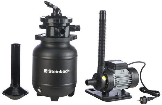 Steinbach Filteranlage Active Balls+ Poolfilter – 040386: grauer, zylindrischer Filterkessel, filtert Poolwasser mit Filterbällen.