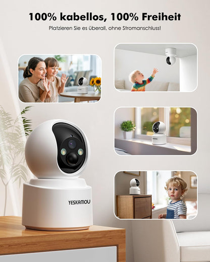 YESKAMOU Y660 Überwachungskamera Innen mit Akku, 2,5K 4MP, 360° WLAN