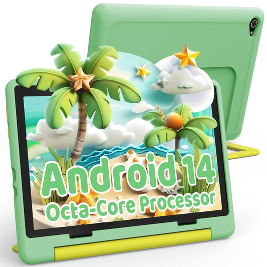 Ainmel Android 14 Kinder Tablet – kindersicheres Gehäuse grün. Rechteckiges Tablet mit grünem, robustem Kinderschutzgehäuse. Für sicheres Lernen und Entertainment.