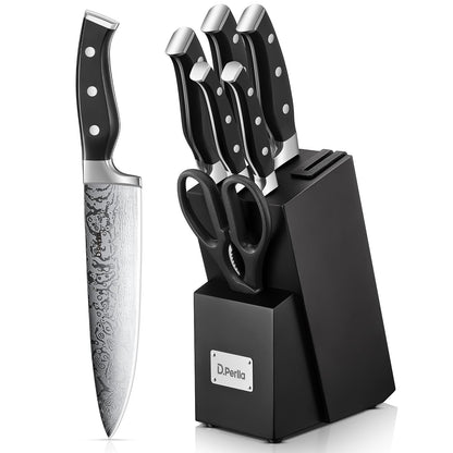 D.Perlla Messerblock 7-teilig, selbstschärfendes Messerset, schwarz, mit Holzblock und Kunststoffgriffen