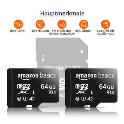 Amazon Basics microSDXC Speicherkarte 64 GB U3 A2 + Adapter, 2er-Pack
