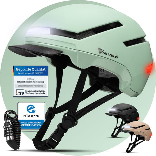 MIVELO NOVA Fahrradhelm mit LED-Licht, NTA-zertifiziert, Mint, M, mit Visier und Rücklicht