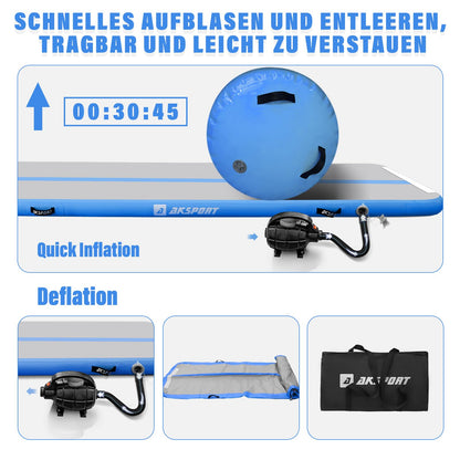 AKSPORT Airtrack 3m aufblasbare Turnmatte mit Air Roll und Luftpumpe