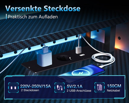 Coleshome Gaming Tisch 151x50cm LED Schubladen Carbon Schwarz