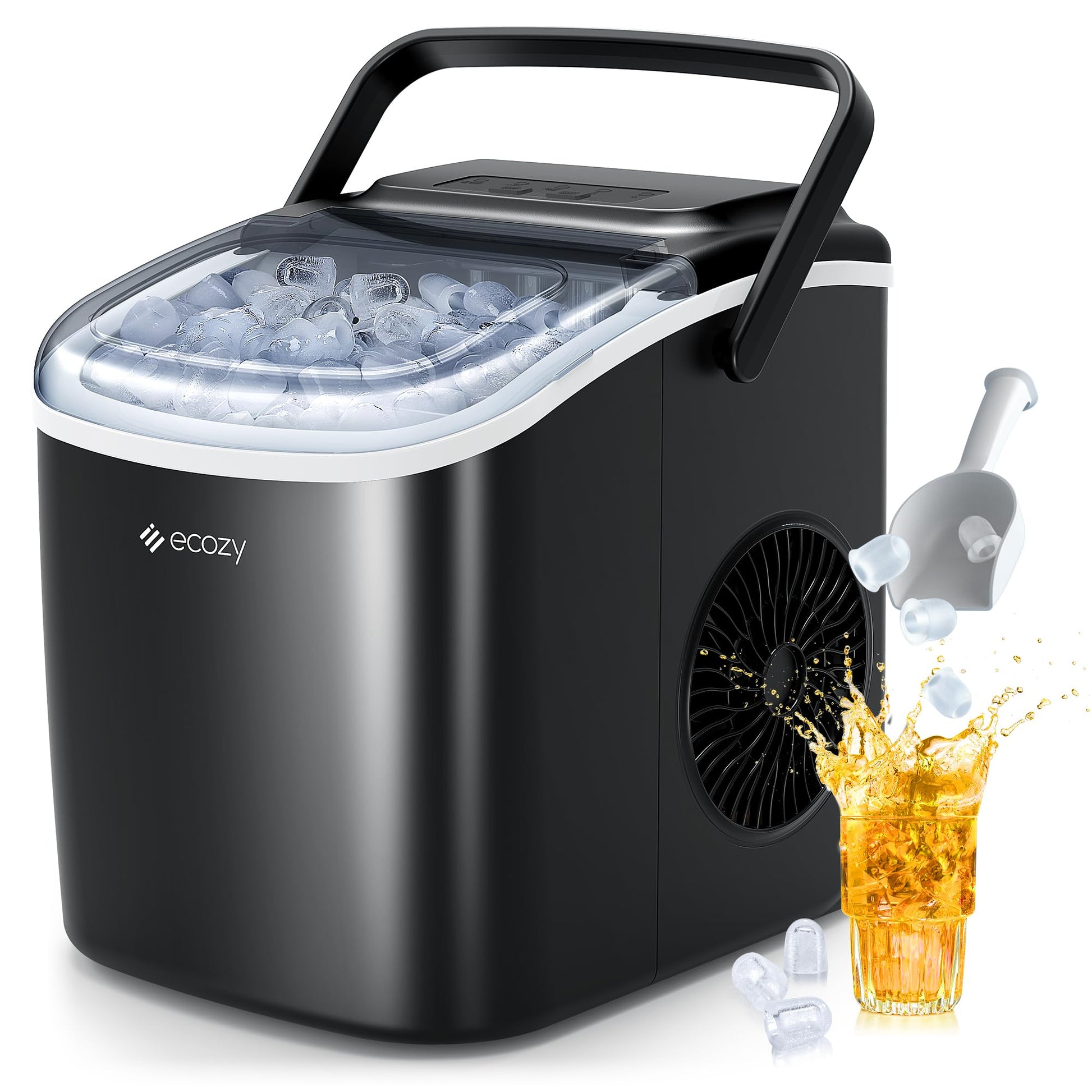 ecozy Eiswürfelmaschine Klein, selbstreinigend, 2 Eiswürfelgrössen mit transparentem Deckel und Tragegriff