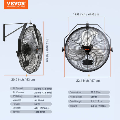 VEVOR Wandventilator 57 cm, oszillierend, IP44, 3 Stufen, schwarz