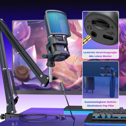 zealsound A68S USB-Gaming-Mikrofon Set mit Boomarm und Tischstativ