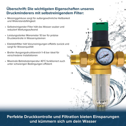 AQUA HEATING Wasserdruckminderer 1 Zoll mit Manometer & selbstreinigendem Siebfilter