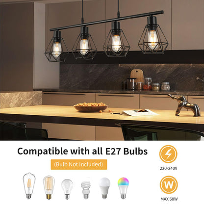 FORCOSO Pendelleuchte Esstisch 4 Flammig – Schwarz Vintage