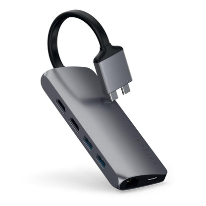 SATECHI Dual Multimedia USB-C Dockingstation – Space Grau. Space-graue, rechteckige Dockingstation für 2 Displays & Peripherie.