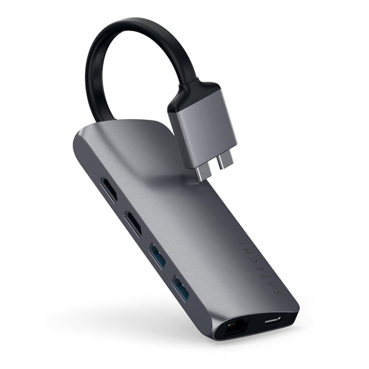 SATECHI Dual Multimedia USB-C Dockingstation – Space Grau. Space-graue, rechteckige Dockingstation für 2 Displays & Peripherie.