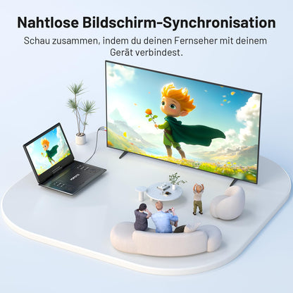 POFOTO Tragbarer DVD-Player, 14,1-Zoll-HD-Schwenkdisplay, 6h Akku