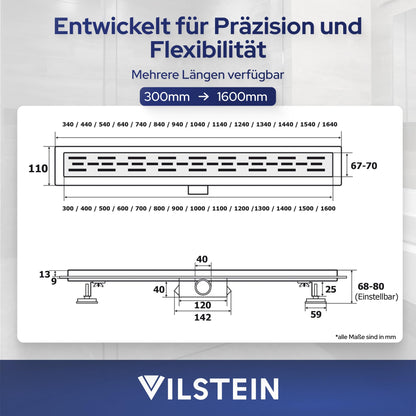 VILSTEIN Duschrinne 80 cm befliesbar Edelstahl Bodenablauf extra flach