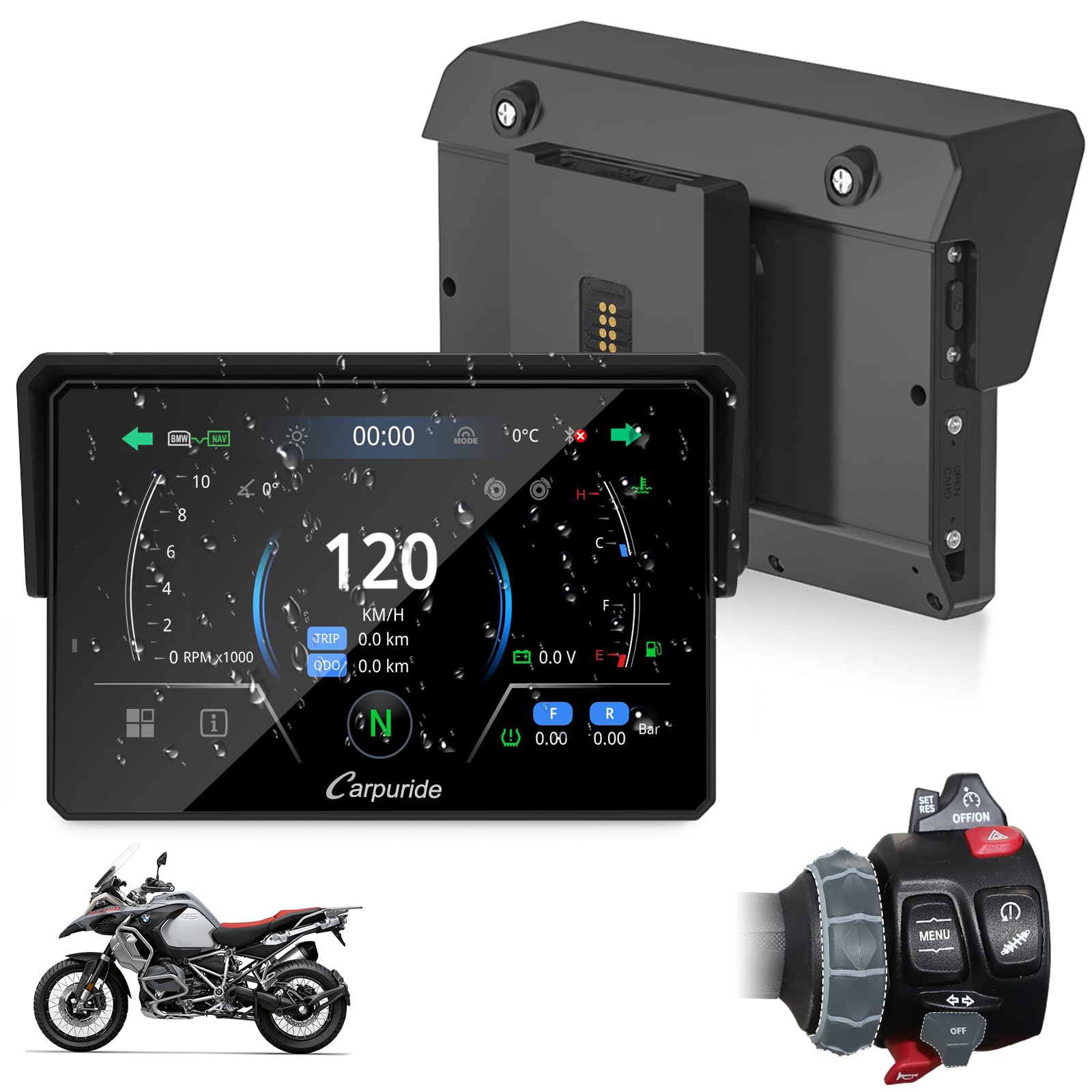 CARPURIDE W502BS Pro BMW Motorrad Navi CarPlay AA. Rechteckig, schwarz für Motorradnavi mit CarPlay und Android Auto.