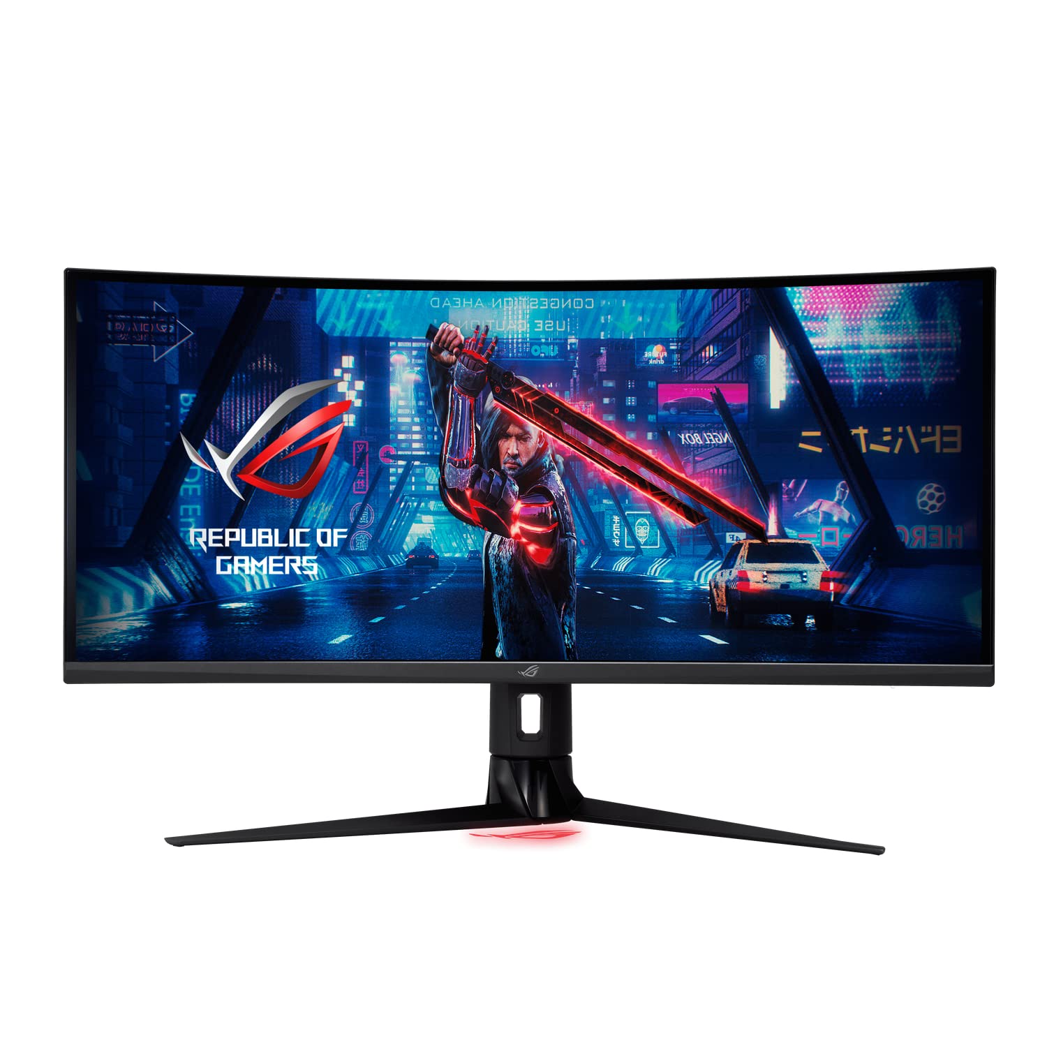 ASUS ROG Strix XG349C, ein schwarzer 34 Zoll UWQHD Curved Gaming Monitor, dient zur hochauflösenden Darstellung von Videospielen.