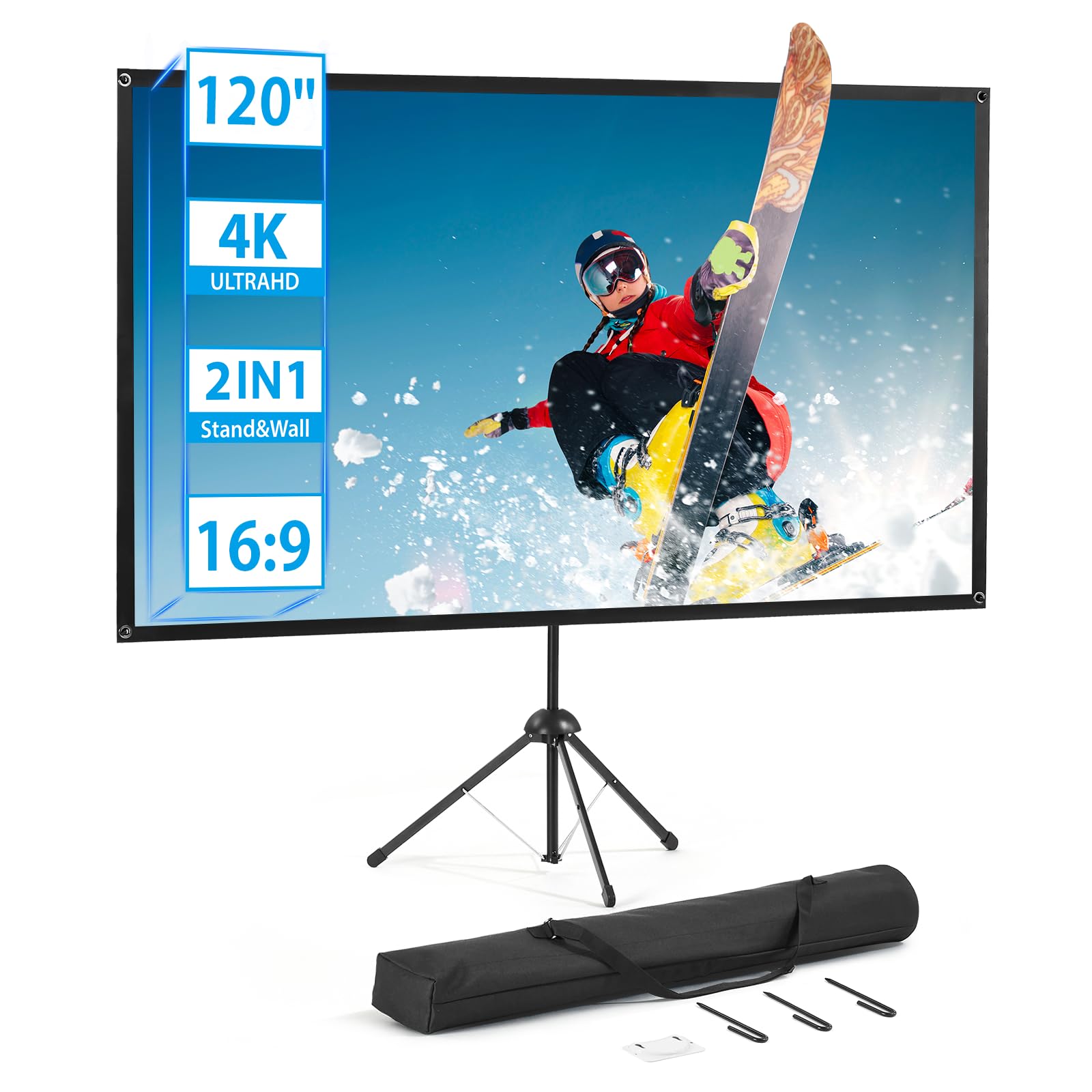 ViewTech Tragbare Beamer Leinwand mit Stativ 4K – 120 Zoll 16:9. Weiße Fläche für mobile 4K-Bildwiedergabe.