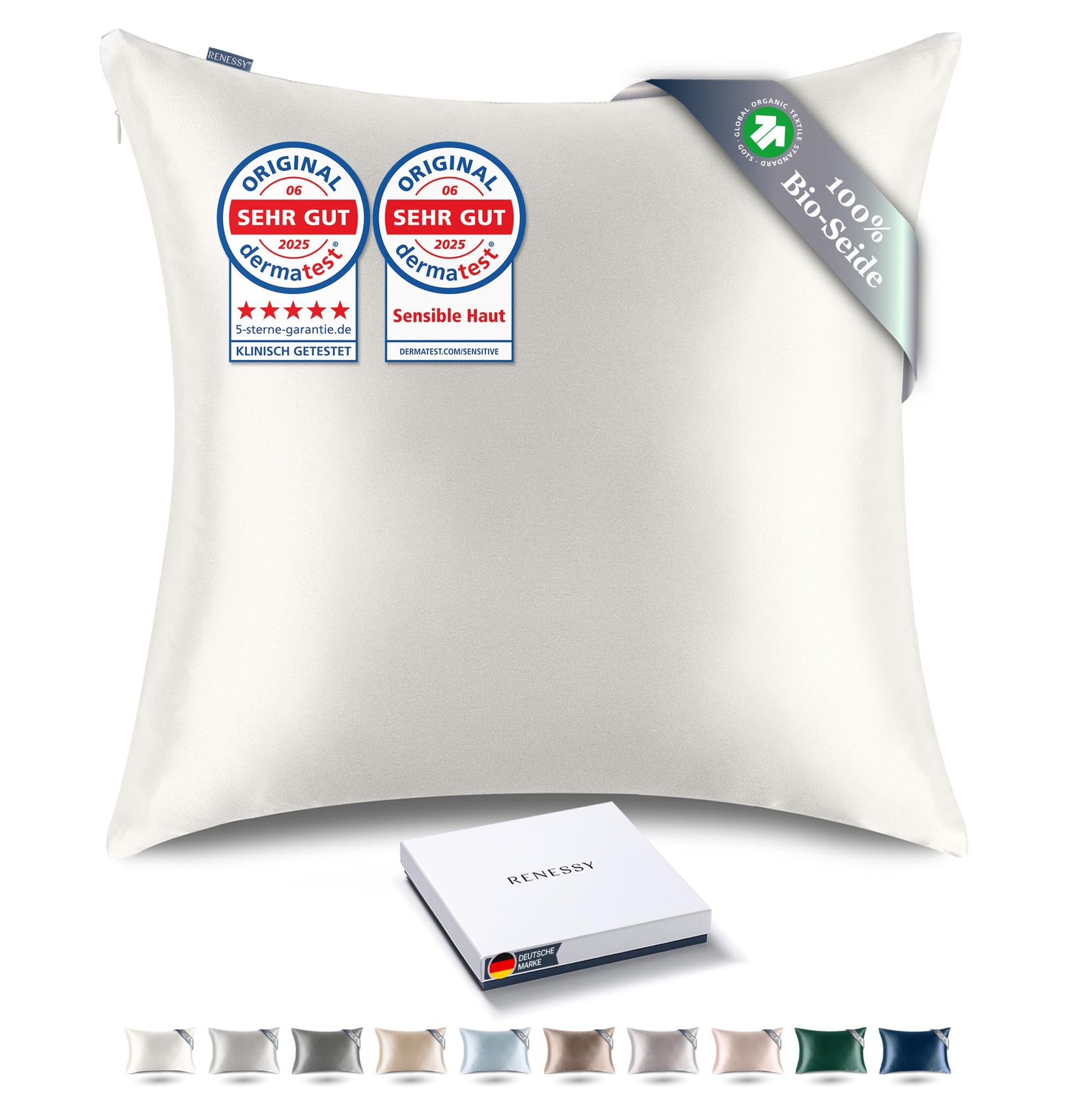 RENESSY Bio-Seidenkissenbezug 80x80 cm – Off-White 22 Momme. Off-white, glatter Seidenbezug. Für Schlafkomfort, schont Haut & Haar.