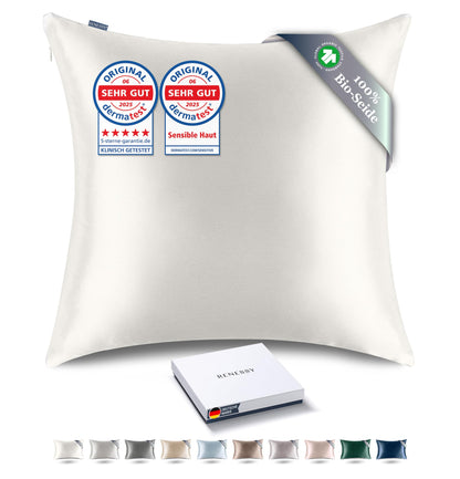 RENESSY Bio-Seidenkissenbezug 80x80 cm – Off-White 22 Momme. Off-white, glatter Seidenbezug. Für Schlafkomfort, schont Haut & Haar.