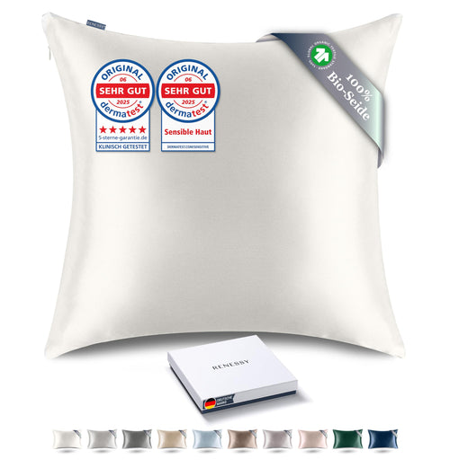 RENESSY Bio-Seidenkissenbezug 80x80 cm – Off-White 22 Momme. Off-white, glatter Seidenbezug. Für Schlafkomfort, schont Haut & Haar.