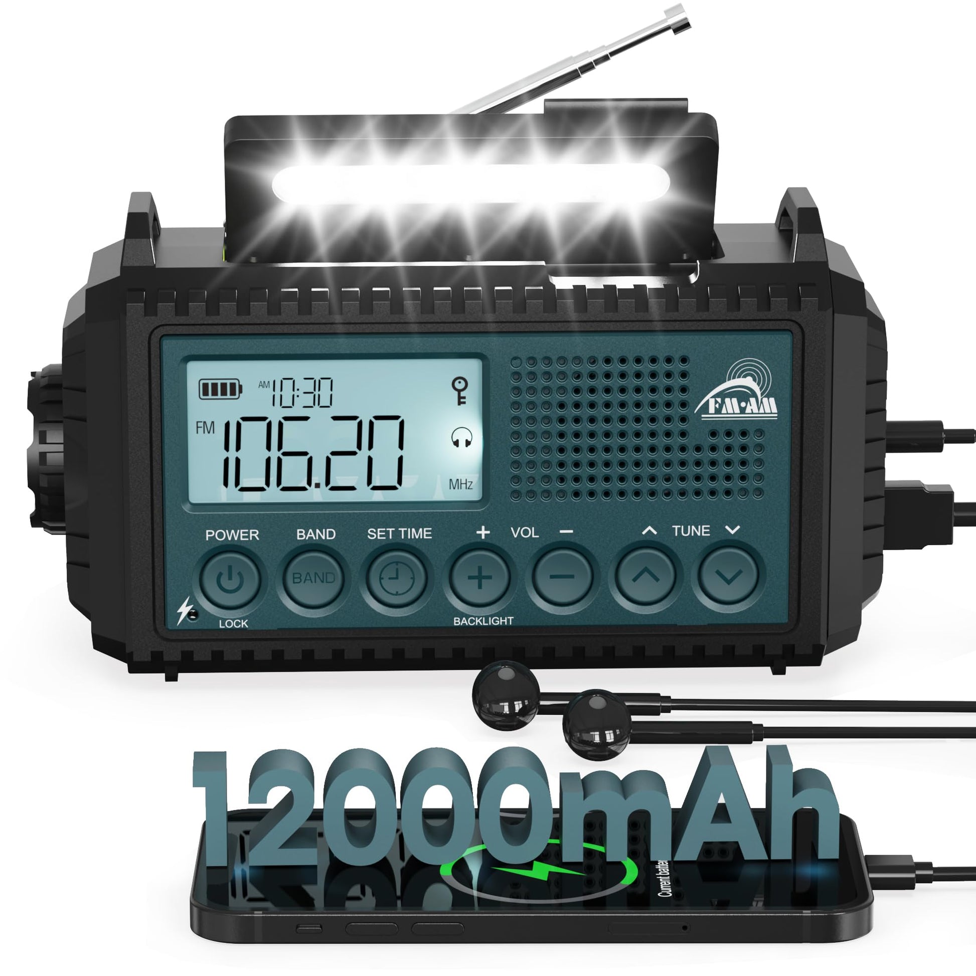 Roxicosly Kurbelradio CR1009Ultra Notfallradio mit Solar & Powerbank, LCD-Display und LED-Taschenlampe