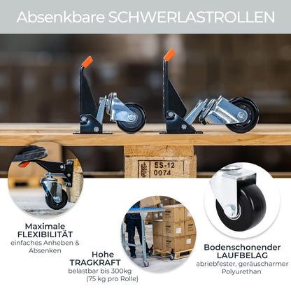 HMF 6750 Schwerlastrollen absenkbar für Werkbank, 4 Stück, 76 mm