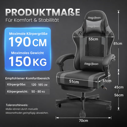 Riftracer Gaming Stuhl ergonomisch mit Fussstütze, schwarz-grau