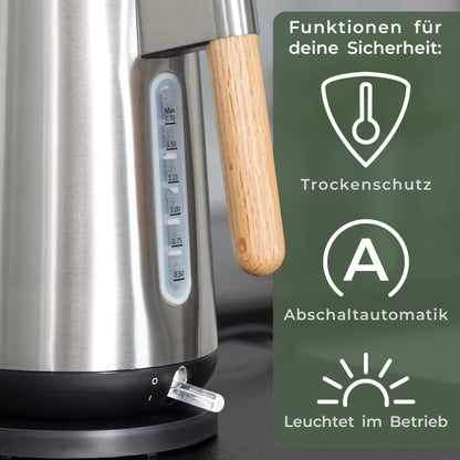 WALDWERK Design Wasserkocher - Edelstahl Eichenholz 1,7L