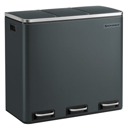 SONGMICS LTB54GS Mülleimer Küche, 3 x 18 L Treteimer, grüngrau, Stahl, mit Deckel und Pedal