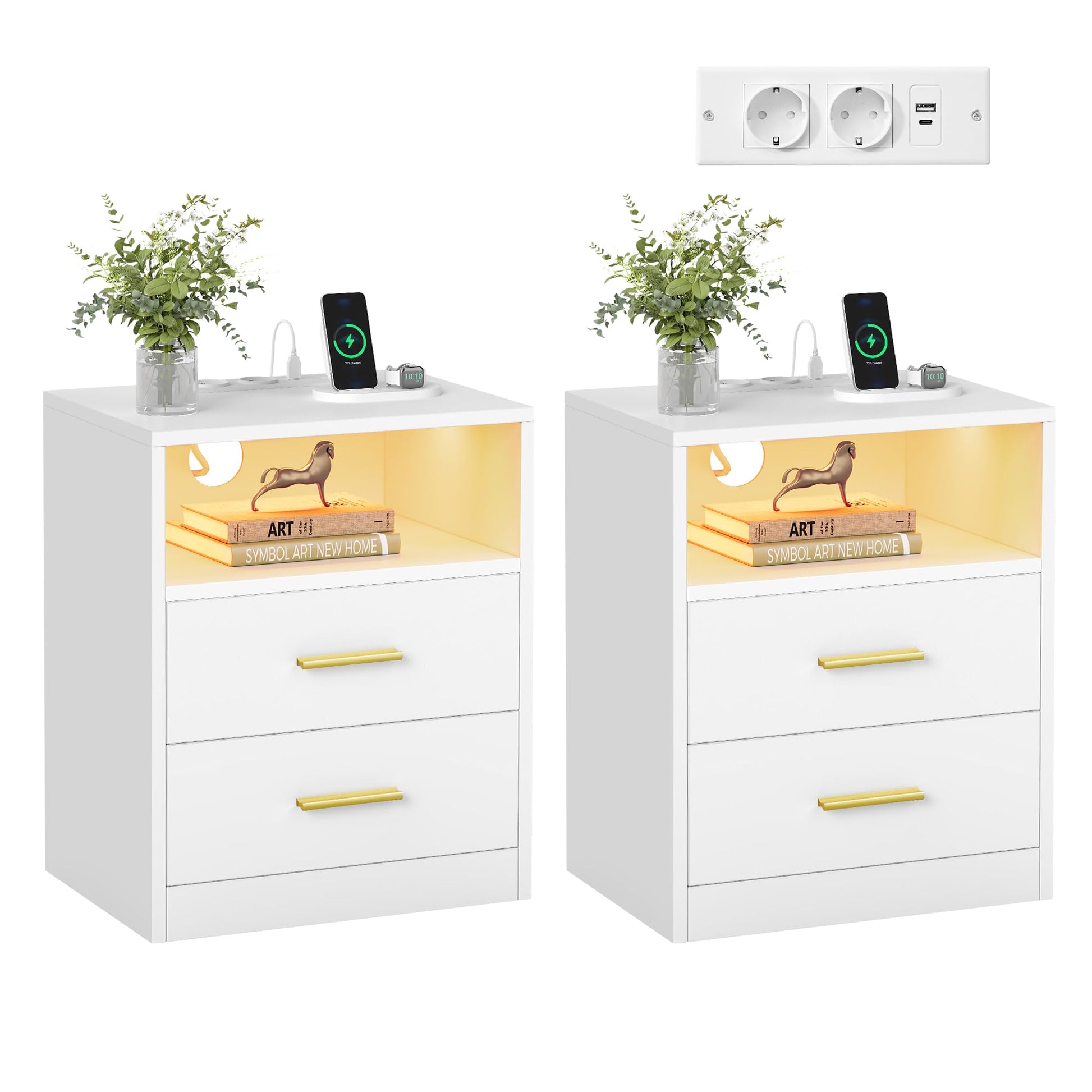 VASAGLE Custos Nachttisch mit Ladestation, 2er Set, LED, wolkenweiss, goldene Griffe und 2 Schubladen