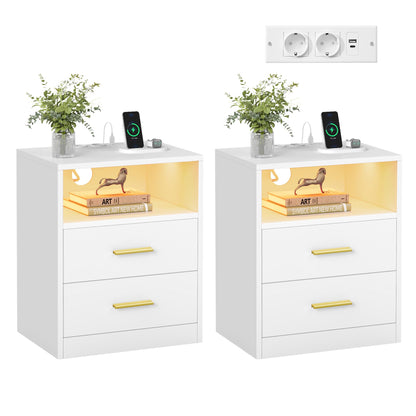 VASAGLE Custos Nachttisch mit Ladestation, 2er Set, LED, wolkenweiss, goldene Griffe und 2 Schubladen