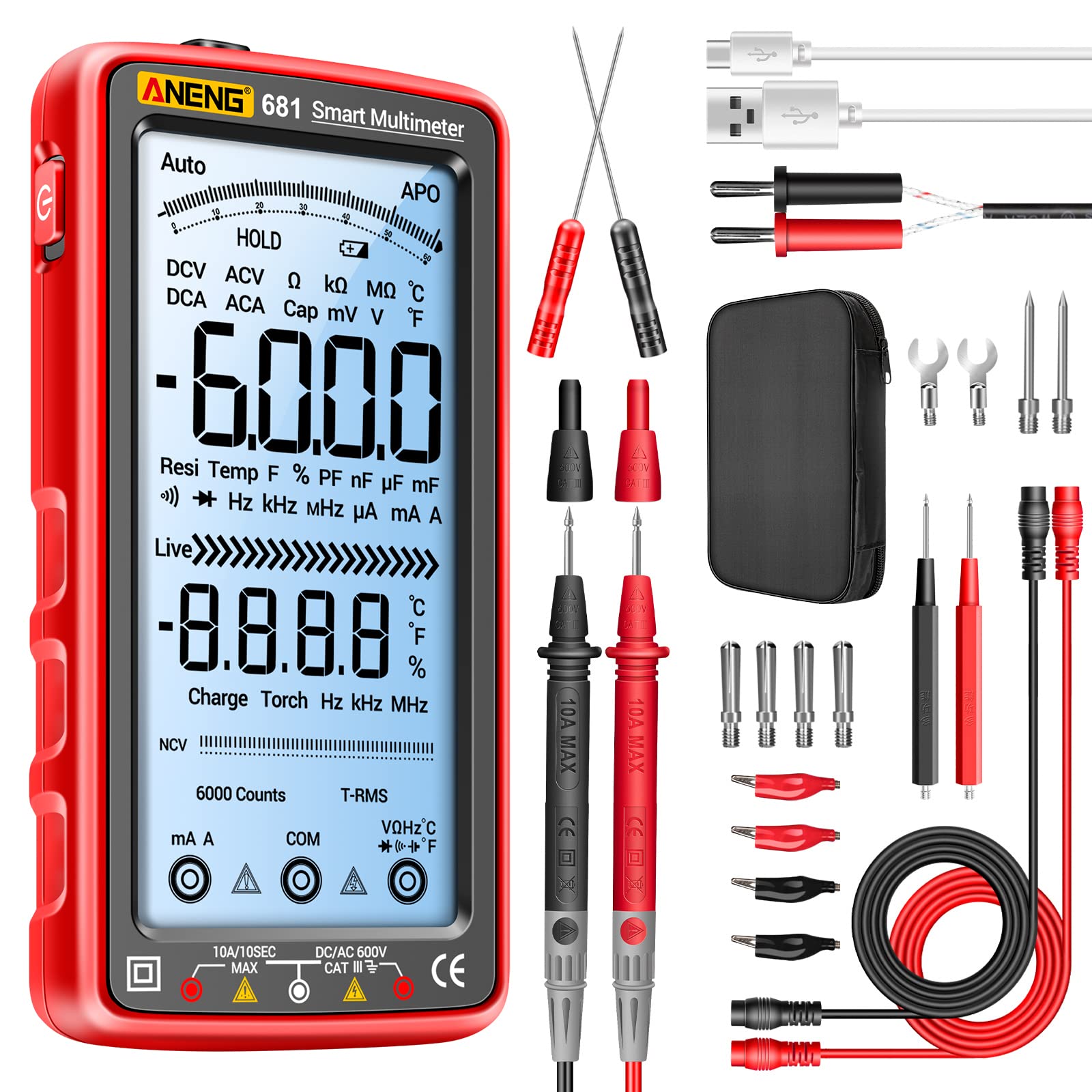 ANENG 681 Digitales Multimeter TRMS 6000 Counts mit NCV, 5-Zoll-Display und Gummigehäuse