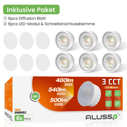 ALUSSO LED Modul 6W 540lm dimmbar, 3 Farbtemperaturen, IP44, 6er-Set